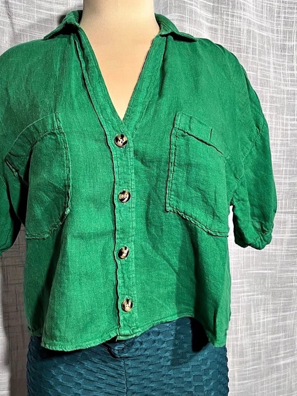 Zara Short Sleeve Linen Crop Shirt Green Small